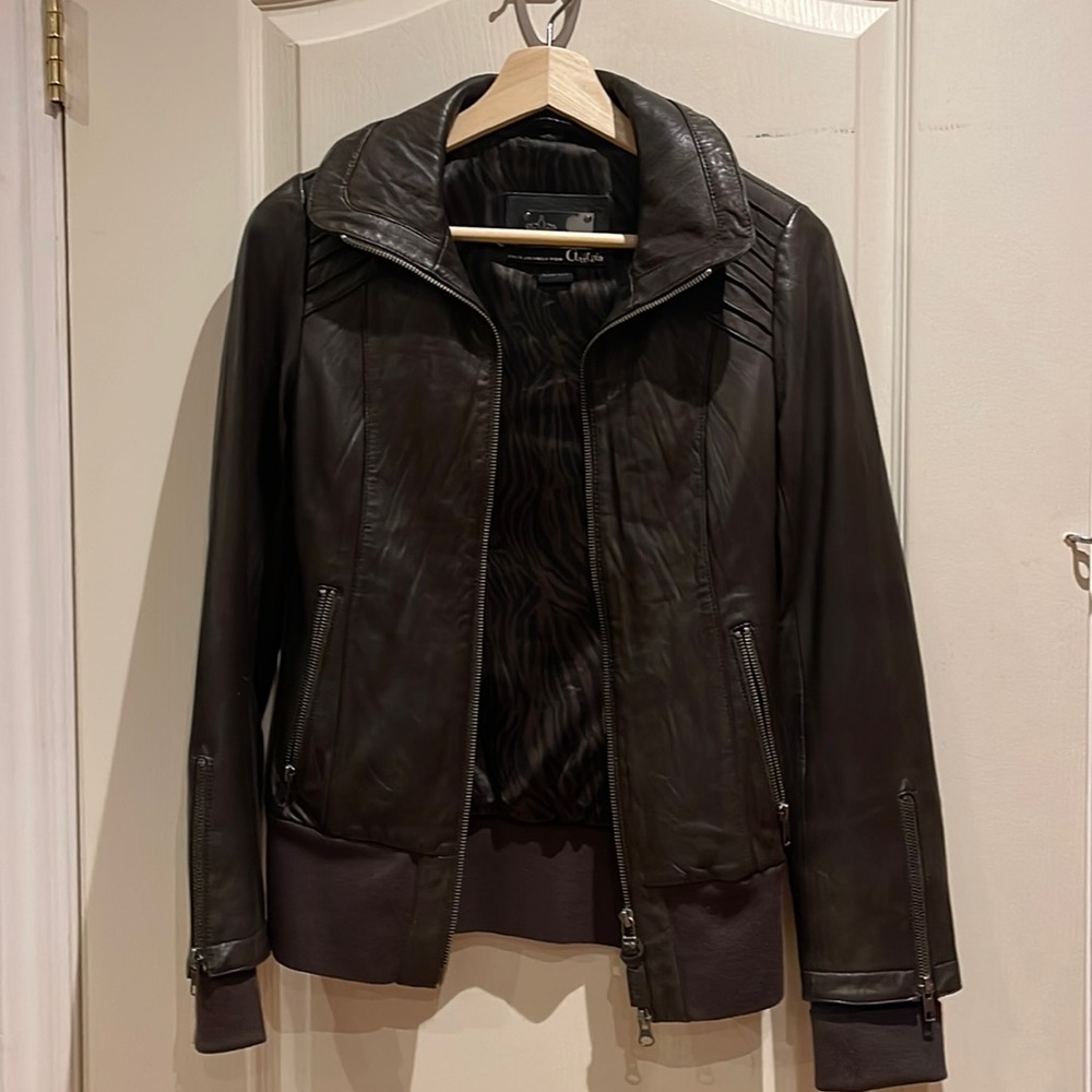 Mackage for aritzia dark brown leather jacket
